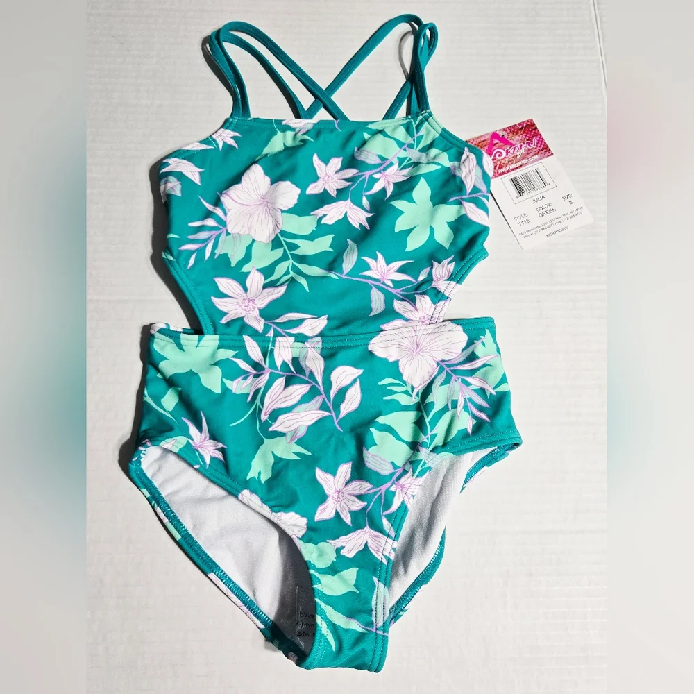 Kanu Surf Girls One Piece Swimsuit Size 8 Green Floral Cutout Crisscross Back